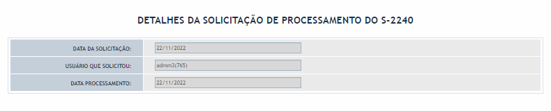 Detalhes do usuário e data em que fez a solicitação dos processamentos