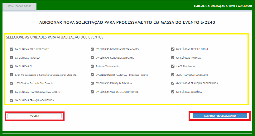 Tela de adicionar solicitação para processamento em massa dos eventos S-2240