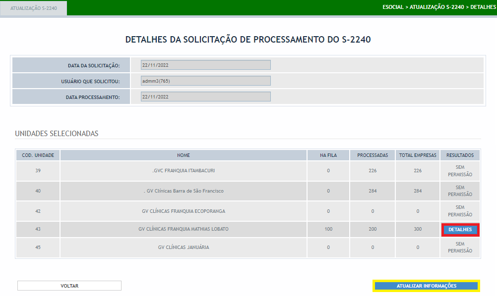 Tela de detalhes da solicitação de processamento dos eventos S-2240